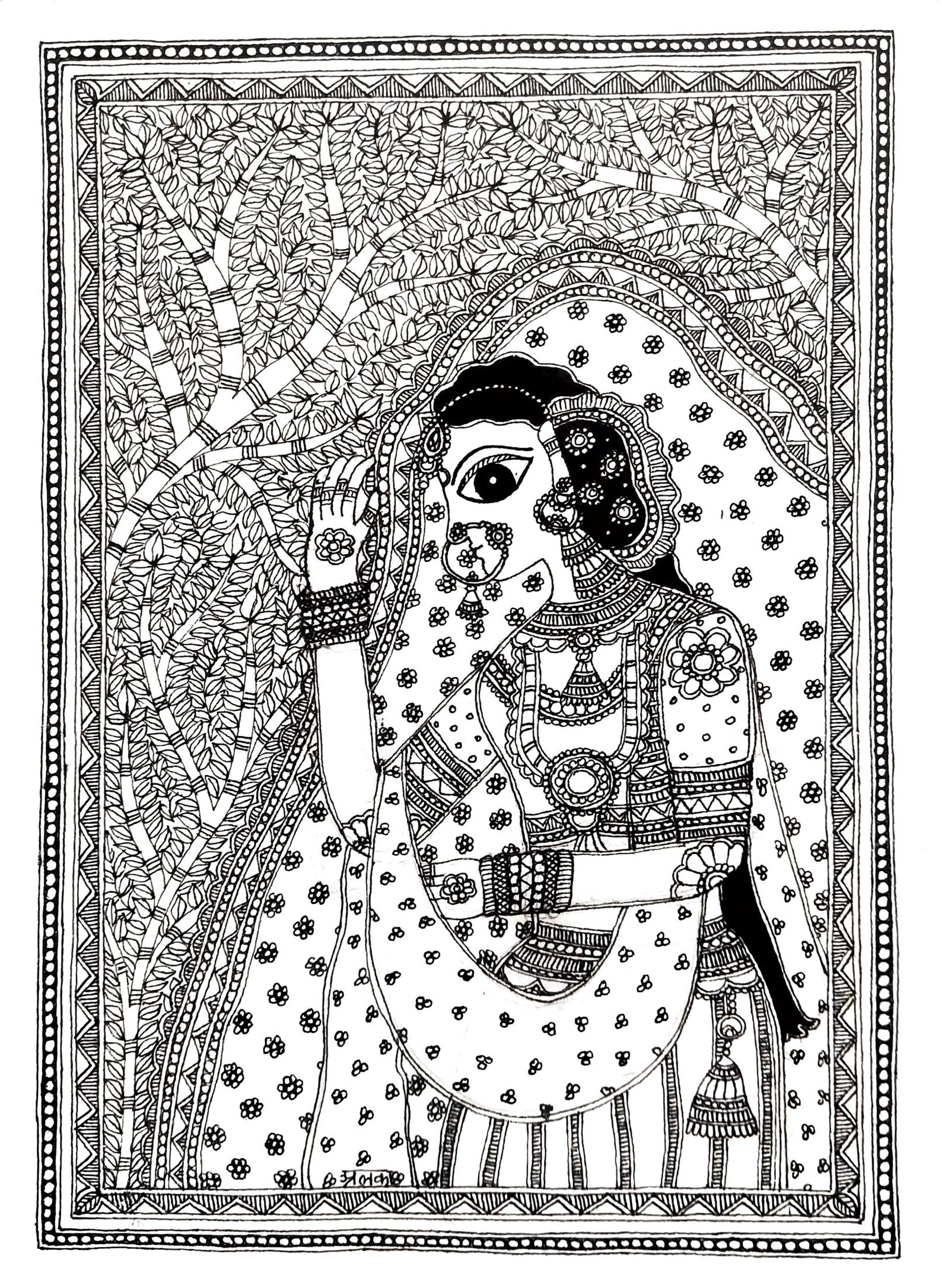 Madhubani Painting Indian Bride, Coloring Page, Hand Drawn Painting