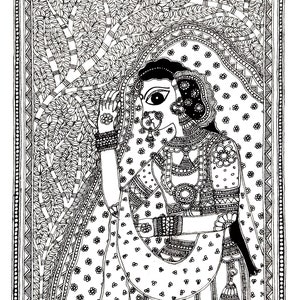 Madhubani Painting Indian Bride, Coloring Page, Hand Drawn Painting