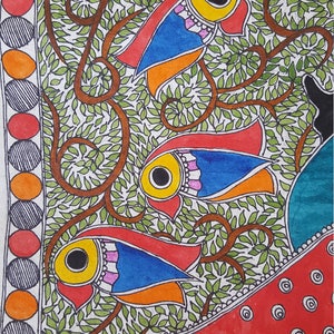 May include: A colorful folk art painting featuring stylized fish with yellow, blue, orange, and red details. The fish are surrounded by green leaves and brown branches, creating a whimsical and vibrant scene.