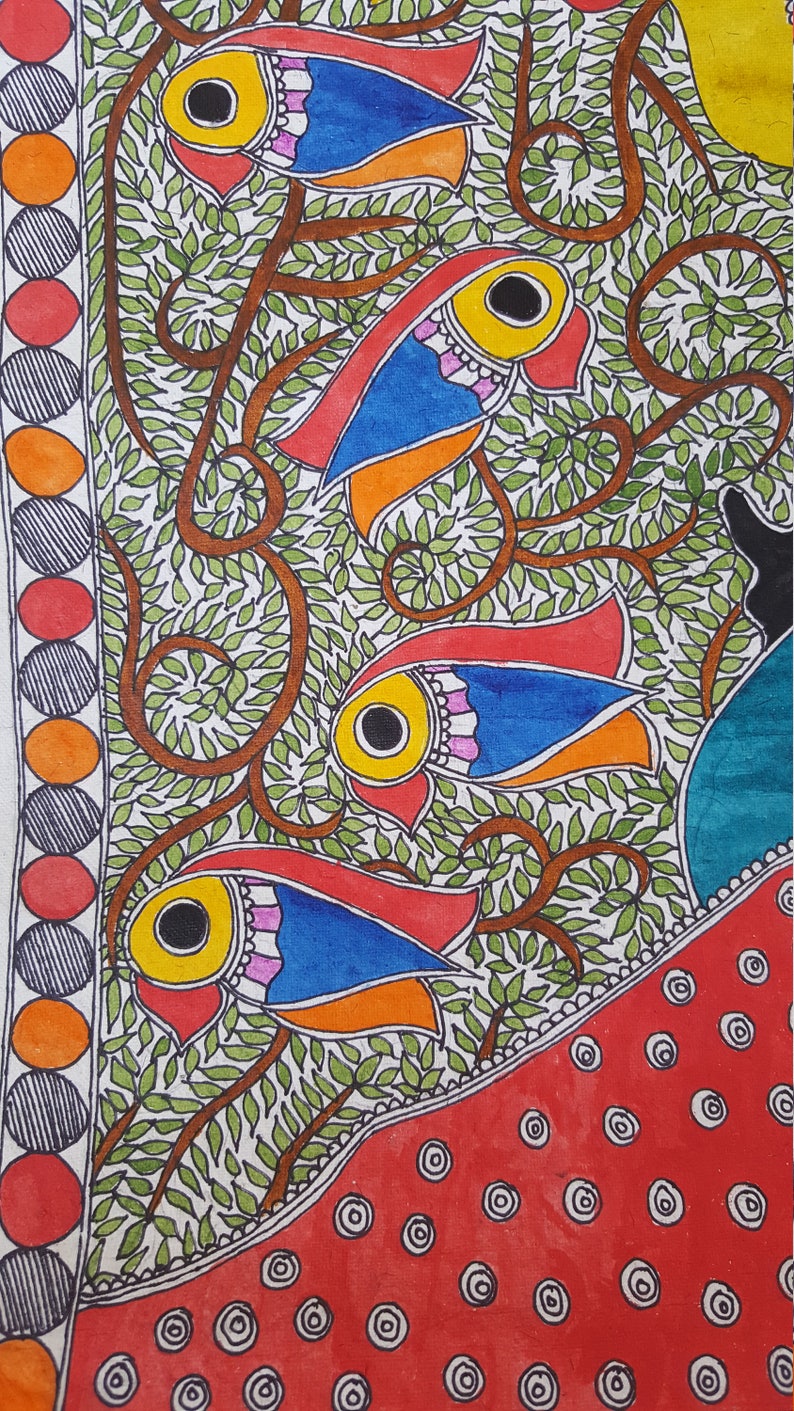 May include: A colorful folk art painting featuring stylized fish with yellow, blue, orange, and red details. The fish are surrounded by green leaves and brown branches, creating a whimsical and vibrant scene.