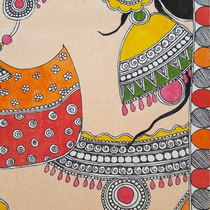 May include: A colorful, intricate illustration of a woman in traditional Indian clothing. The artwork features a variety of patterns and designs, including circles, dots, and swirls. The woman's hair is black and her clothing is adorned with red, orange, yellow, green, and pink accents.