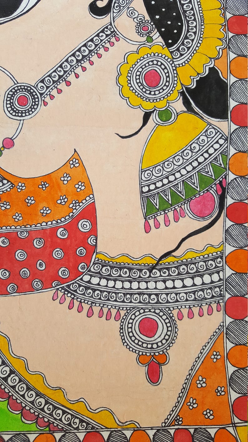 May include: A colorful, intricate illustration of a woman in traditional Indian clothing. The artwork features a variety of patterns and designs, including circles, dots, and swirls. The woman's hair is black and her clothing is adorned with red, orange, yellow, green, and pink accents.