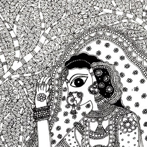 Madhubani Painting Indian Bride, Coloring Page, Hand Drawn Painting