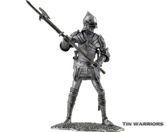 Tin miniature. English warrior in plate armor, metal sculpture. Collection 54mm 1/32 miniature figurine. Tin toy soldiers shop