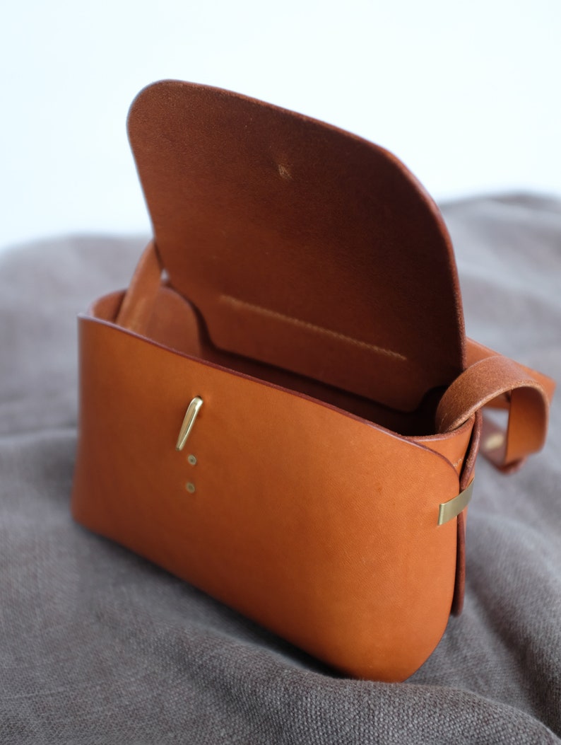 May include: A brown leather satchel bag with a brass clasp and a strap. The bag is open and the inside is visible.