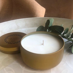 Scented Soy Candle-8 oz Gold Tin,Soy Candle, House Warming Gift, Girlfriend Gift, Gift for Her, Candle, Natural Candle, Candle in Jar, Soy image 1