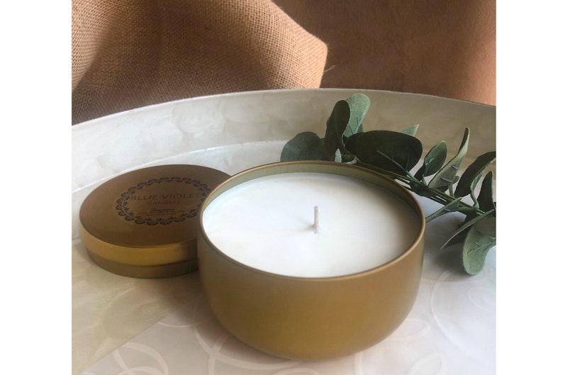 Scented Soy Candle-8 oz Gold Tin,Soy Candle, House Warming Gift, Girlfriend Gift, Gift for Her, Candle, Natural Candle, Candle in Jar, Soy image 1