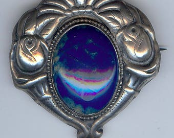 VINTAGE ARTS & CRAFTS 800 silver floral design lapis cabochon dangle pin brooch