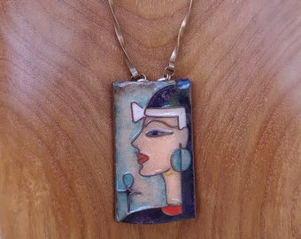 VINTAGE copper enamel ancient Egyptian woman PENDANT NECKLACE
