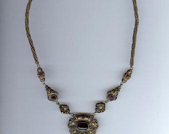 ANTIQUE AUSTRIA AUSTRO Hungarian amethyst glass brass enamel dangle necklace