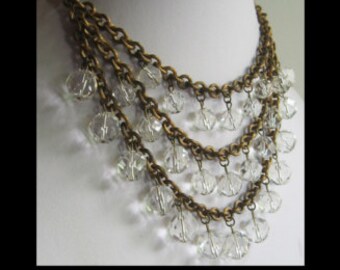Glamourous vintage brass & faceted CRYSTAL BAUBLES triple strand bib NECKLACE