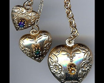 VINTAGE 1930's ornate gold tone rhinestone dangle hearts PENDANT or TRINKET