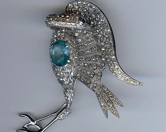 AMAZING designer vintage rhodium rhinestone blue faceted glass CRANE bird PIN