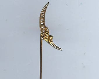 ANTIQUE VICTORIAN 10K gold & pearl crescent MOON stick pin