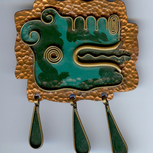 MAYA VINTAGE Mexico enamel copper & brass animal face dangle pin BROOCH