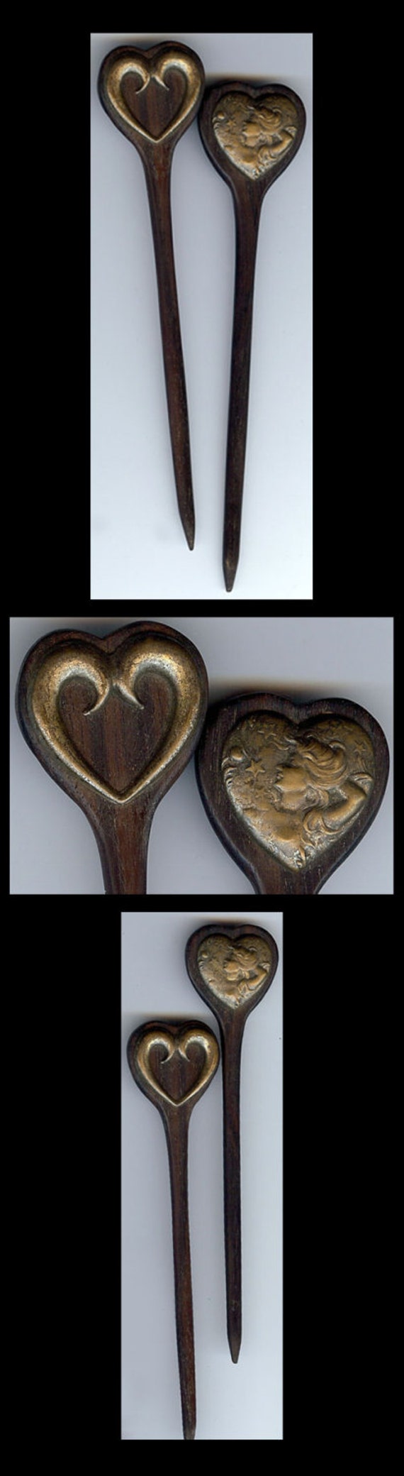 Vintage wood & brass relief heart ART NOUVEAU lady