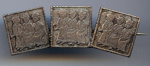 ANTIQUE SILVER three japanese Geisha LADIES pin  brooch