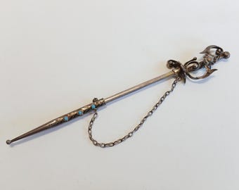ANTIQUE sterling silver blue glass movable dagger SWORD brooch PIN