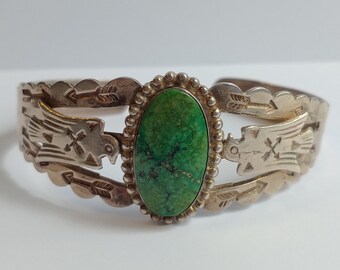 Vintage Fred Harvey NAVAJO Indian silver & TURQUOISE thunderbird cuff BRACELET