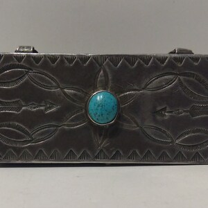 Vintage Navajo Indian stampwork sterling silver & TURQUOISE PILL BOX image 2