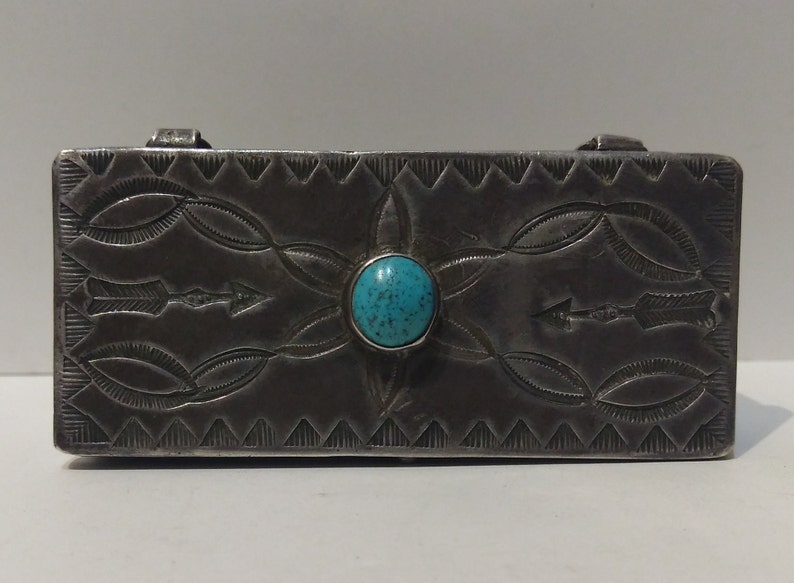 Vintage Navajo Indian stampwork sterling silver & TURQUOISE PILL BOX image 2