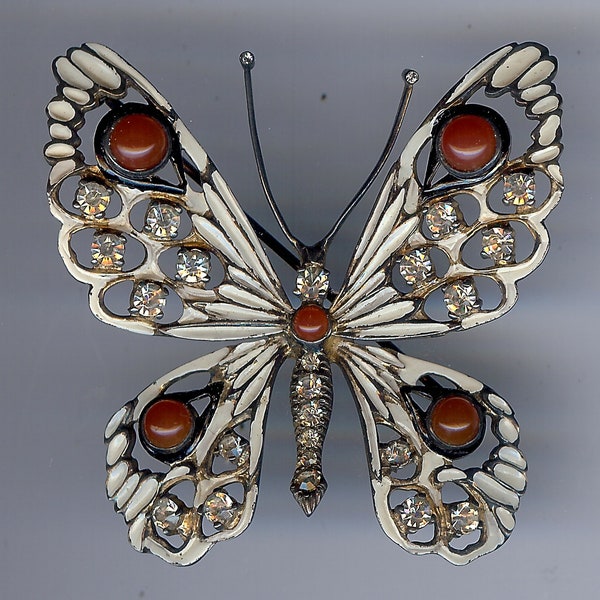 NETTIE ROSENSTEIN large VINTAGE sterling glass cabochons enamel rhinestone butterfly pin