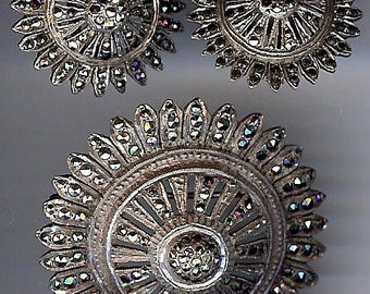 Stunning Vintage Sterling Silver MARCASITE PIN & EARRINGS Set
