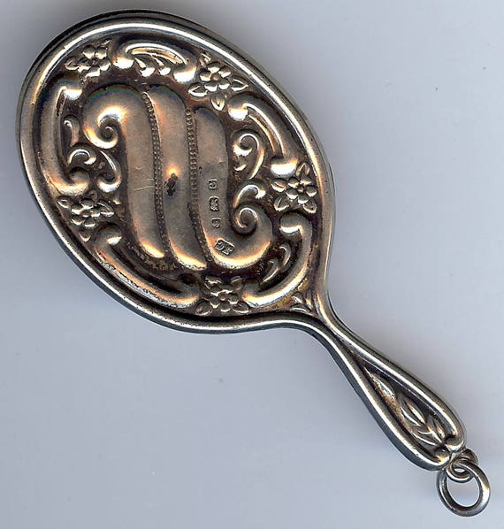 Antique sterling silver ornate hand mirror pendant