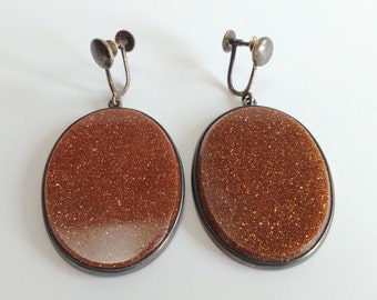 Large VINTAGE sterling silver goldstone glittery DANGLE screwback EARRINGS