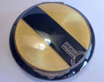 K & A vintage ART DECO sterling silver yellow and black enamel marcasite COMPACT