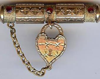 CHARMING Antique VICTORIAN gold fill dangle HEART ruby glass gems Brooch pin