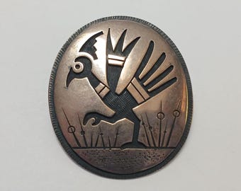 Vintage hallmarked HOPI Indian overlay sterling silver ROADRUNNER bird PIN