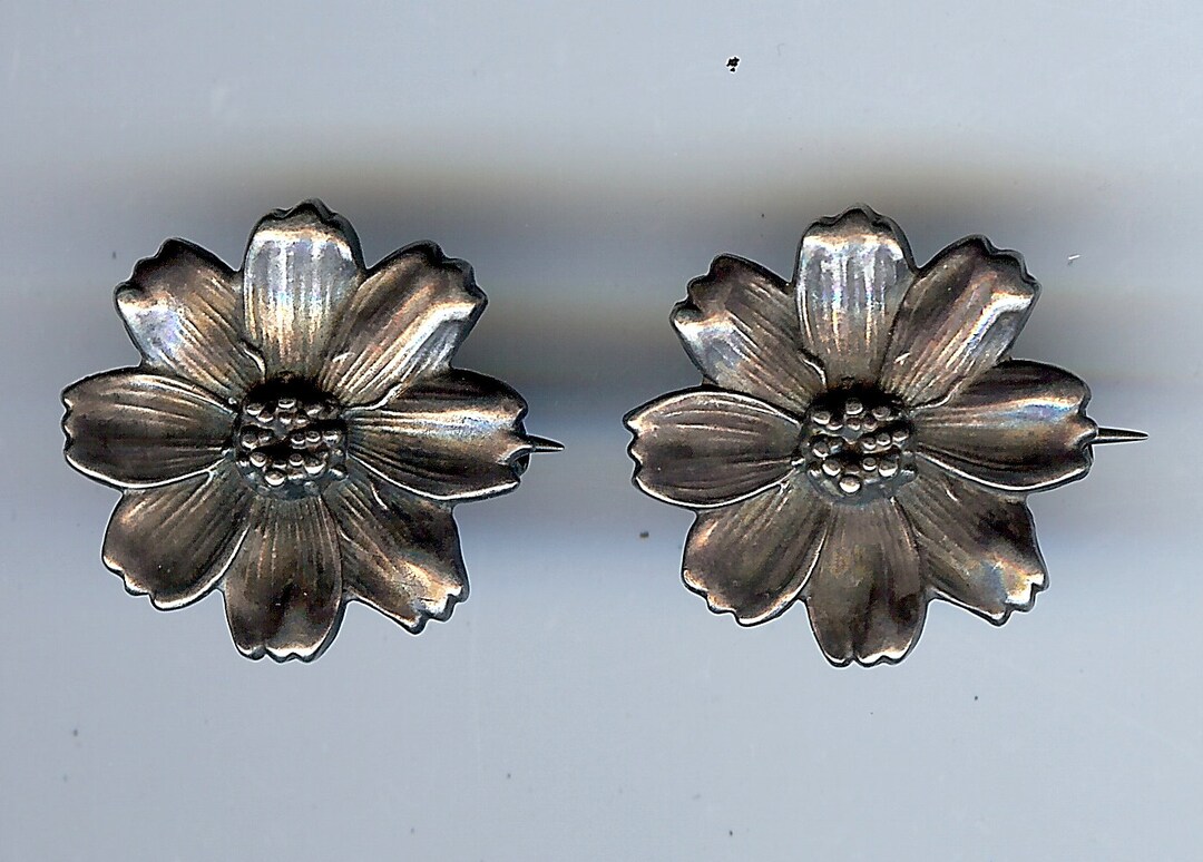 UNGER Brothers Antique Art Nouveau Sterling Silver Pair of FLOWER PINS ...
