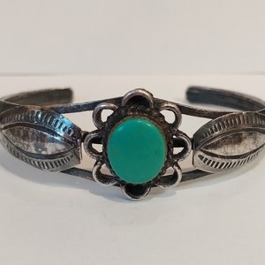 ヴィンテージ サイン入り NAVAJO インディアン スターリングシルバー ターコイズ ラージ リスト カフ ブレスレット