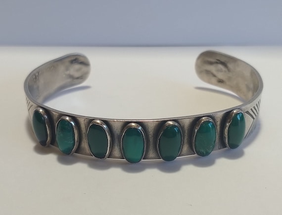 Monster Native American Rectangular Green Turquoise Sterling Silver Bracelet Monster Native American Rectangular Green Turquoise Sterling Silver Bracelet