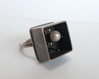 MAJA artisan great modernist dimensional sterling PEARL RING size 6-1/2