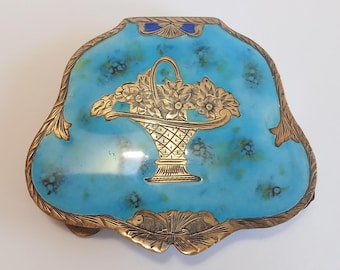 VINTAGE 800 Waschgold Silber Handarbeit Italien Blau EMAILLE Blumenkorb KOMPAKT