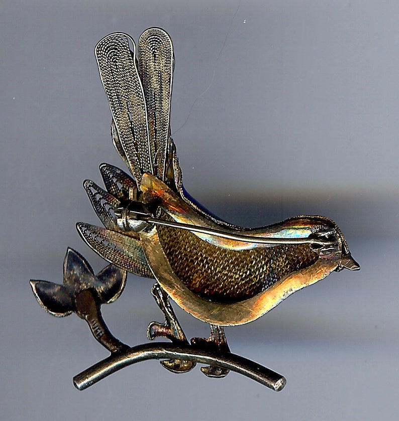 VINTAGE Chinese dimensional gold wash silver enamel turquoise BIRD PIN brooch
