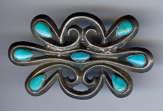 TERRIFIC VINTAGE NAVAJO Indian cast silver turquoise pin brooch