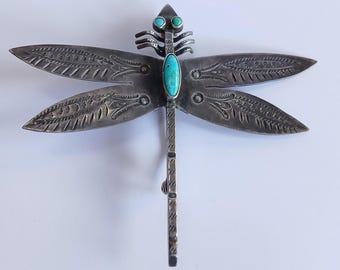 Large vintage NAVAJO Indian silver turquoise DRAGONFLY pin BROOCH