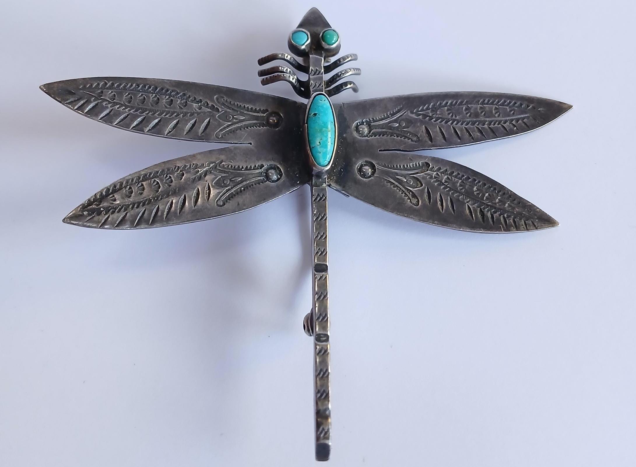 Large Vintage NAVAJO Indian Silver Turquoise DRAGONFLY Pin BROOCH