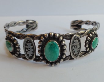 VINTAGE Navajo Indian pounded twisted wire silver TURQUOISE cuff BRACELET