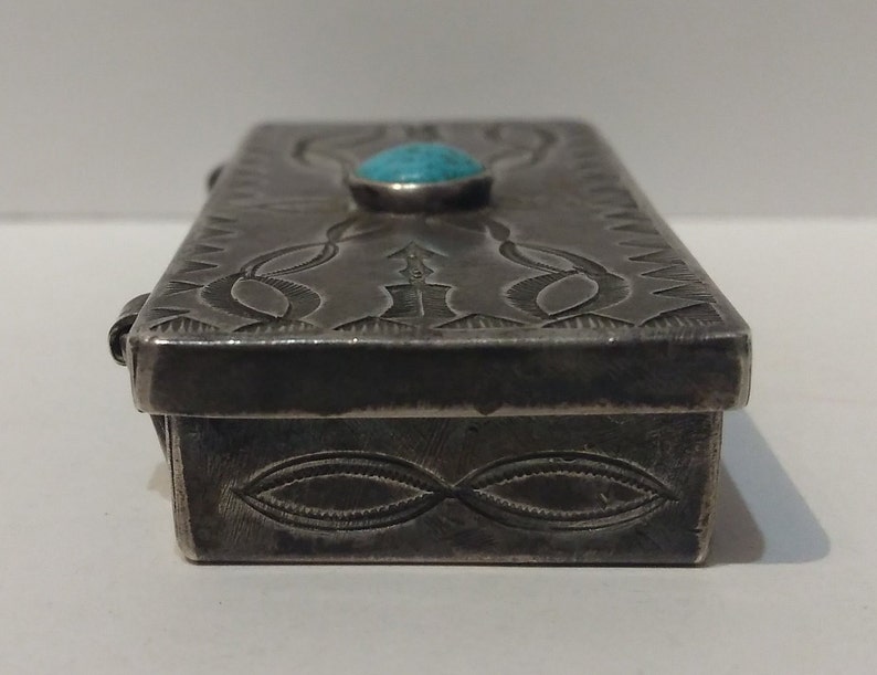 Vintage Navajo Indian stampwork sterling silver & TURQUOISE PILL BOX image 4