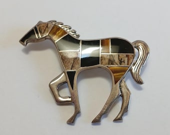Vintage Peterson Chee NAVAJO sterling inlay onyx tiger's eye HORSE pin BROOCH