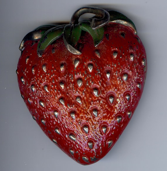 AMAZING HUGE VINTAGE enamel strawberry fur clip po