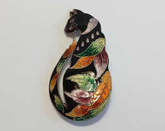 ZARAH vintage sterling silver enamel leaf pattern CAT pin BROOCH