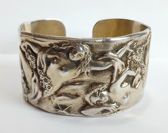 ANTIQUE Art Nouveau sterling GODDESSES horse owl moon star flower cuff BRACELET