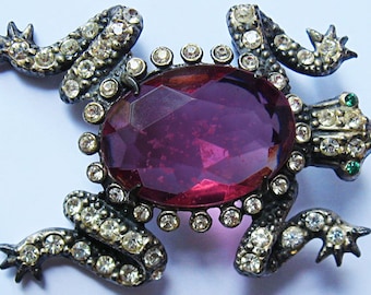 Vintage 1940's Faceted Bright PINK Glass BELLY Sparkling Rhinestones FROG Pin Brooch