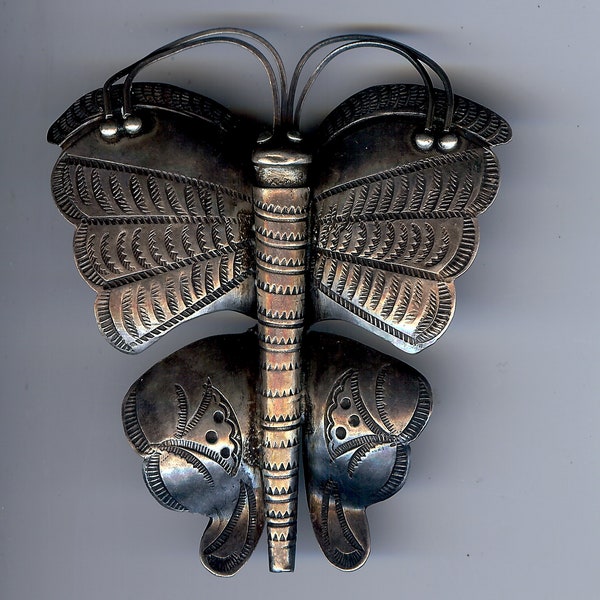 Exceptional huge vintage NAVAJO Indian stamped silver BUTTERFLY pin BROOCH
