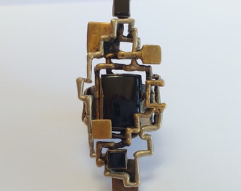 BIG wild vintage brutalist MODERNIST brass onyx RING size 6